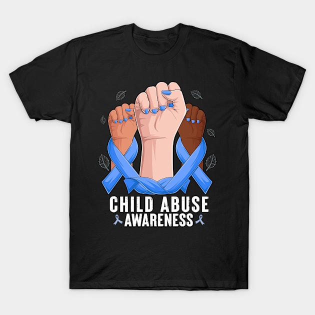 Child Abuse Prevention Awareness Month Blue Ribbon gift idea T-Shirt by Mad Maggie